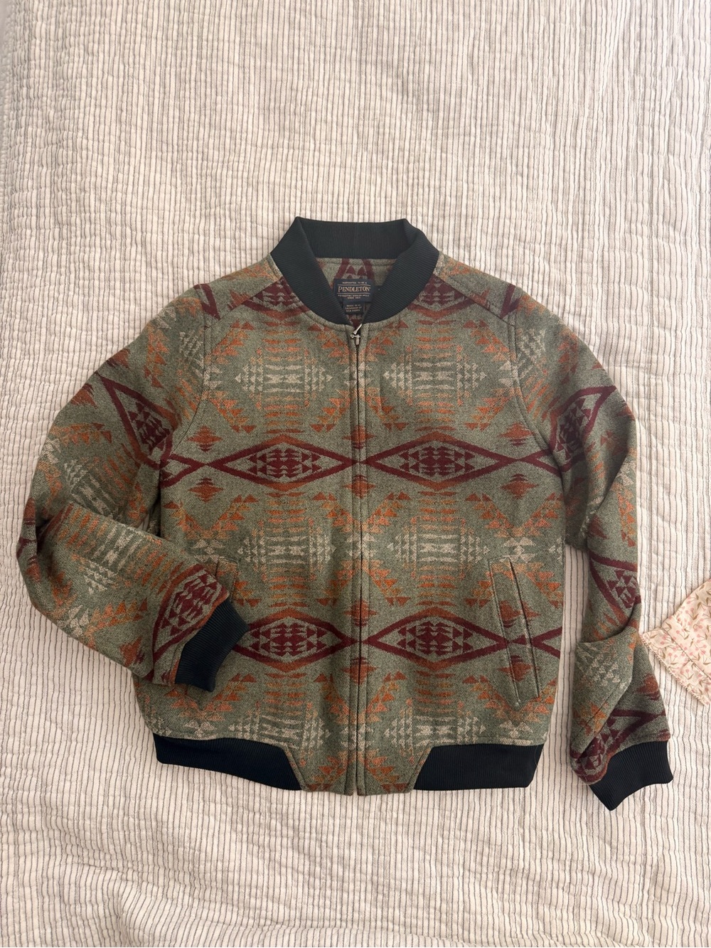 Pendleton Green Aztec-Pattern Bomber Jacket with Burgundy Accents